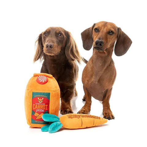 Twee honden met FuzzYard Reindeer Carrot Juice & Carrot kerst hondenspeelgoed – pluche sapverpakking en piepende wortel