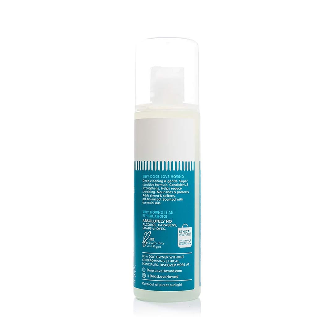HOWND Playful Pup Shampoo achterkant – ingrediëntenlijst en gebruiksaanwijzing van de natuurlijke puppyshampoo en vegan hondenshampoo (250 ml)
