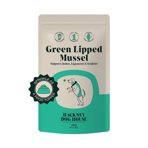 Verpakking van Hackney Dog House Groenlipmossel – natuurlijk supplement voor honden ter ondersteuning van gewrichten en mobiliteit, rijk aan omega-3