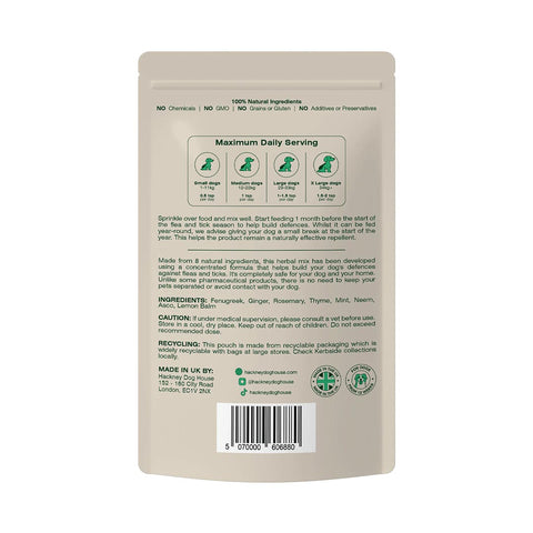 Hackney Dog House Herbal Flea & Tick – achterkant verpakking met voedingsadvies, ingrediënten en analytische samenstelling