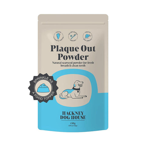 Hackney Dog House Plaque Out Powder – natuurlijk zeewierpoeder voor honden tegen tandplak en tandsteen, ondersteunt frisse adem en mondgezondheid