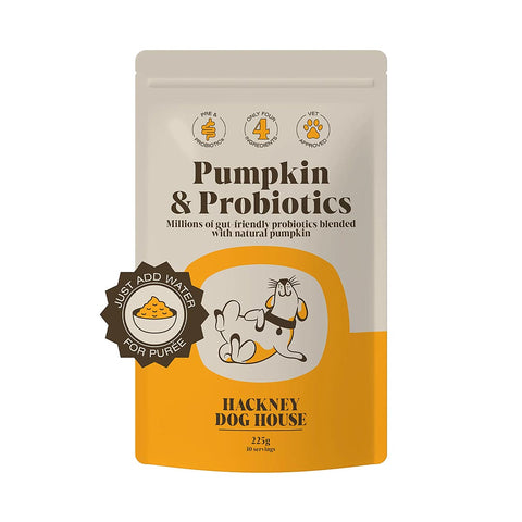 Verpakking van Hackney Dog House Pompoen met Probiotica – natuurlijk supplement voor honden, ondersteunt spijsvertering, darmflora en gevoelige darmen
