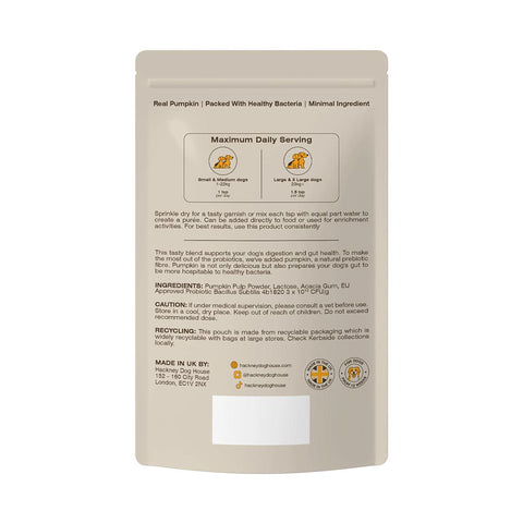 Achterkant verpakking van Hackney Dog House Pompoen met Probiotica – ingrediënten, voedingsanalyse en gebruiksadvies zichtbaar