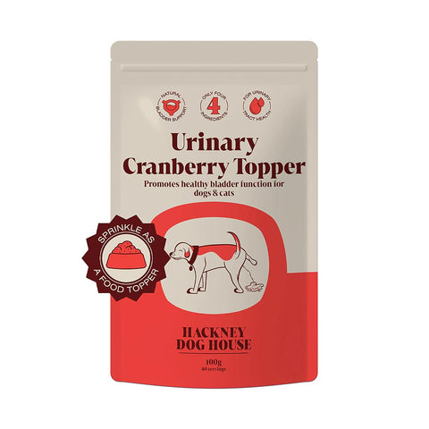 Voorkant verpakking van Hackney Dog House Cranberry – natuurlijk supplement voor honden ter ondersteuning van blaas & urinewegen