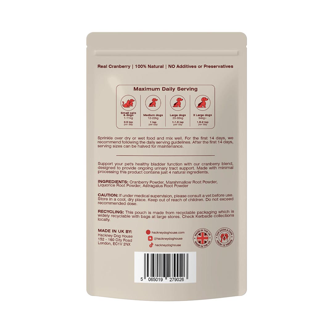Achterkant verpakking van Hackney Dog House Cranberry – ingrediënten, voedingsanalyse en gebruiksadvies voor honden