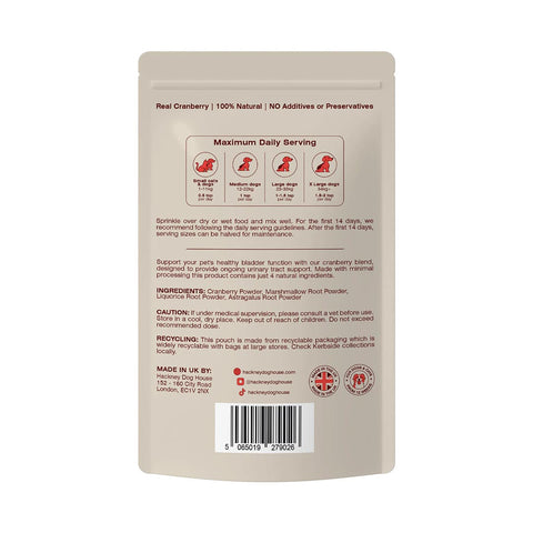 Achterkant verpakking van Hackney Dog House Cranberry – ingrediënten, voedingsanalyse en gebruiksadvies voor honden