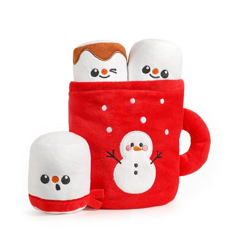 HugSmart Happy Woofmas Hot Chocolate – pluche hondenspeeltje in de vorm van een rode mok met sneeuwpop en drie piepende marshmallow knuffels