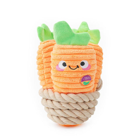 HugSmart Puppy Garden Carrot Bunch – voorkant productfoto – interactief hondenspeelgoed met drie piepende pluche wortels en gevlochten touw