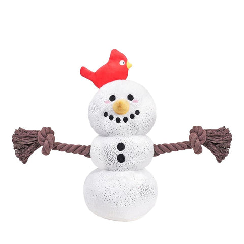 HugSmart Snow Paws Snowman – pluche hondenspeeltje in de vorm van een sneeuwpop met feestelijke glitters, rode vogel, touwarmen en ingebouwde pieper