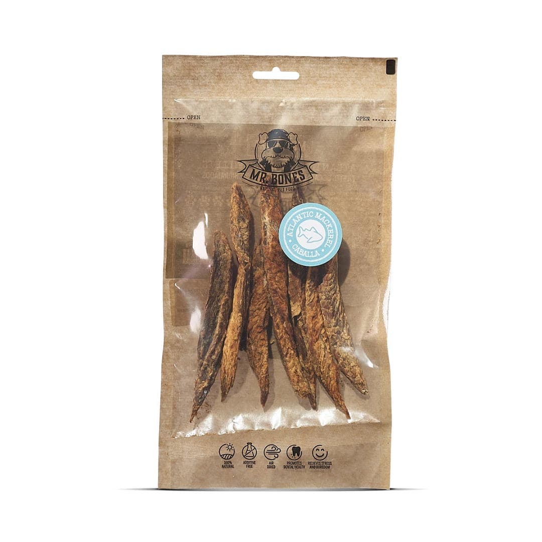 Mr. Bones Atlantische Makreelfilets – 100% natuurlijke hondensnack van duurzaam gevangen makreel, langzaam gedroogd voor behoud van smaak en voedingsstoffen