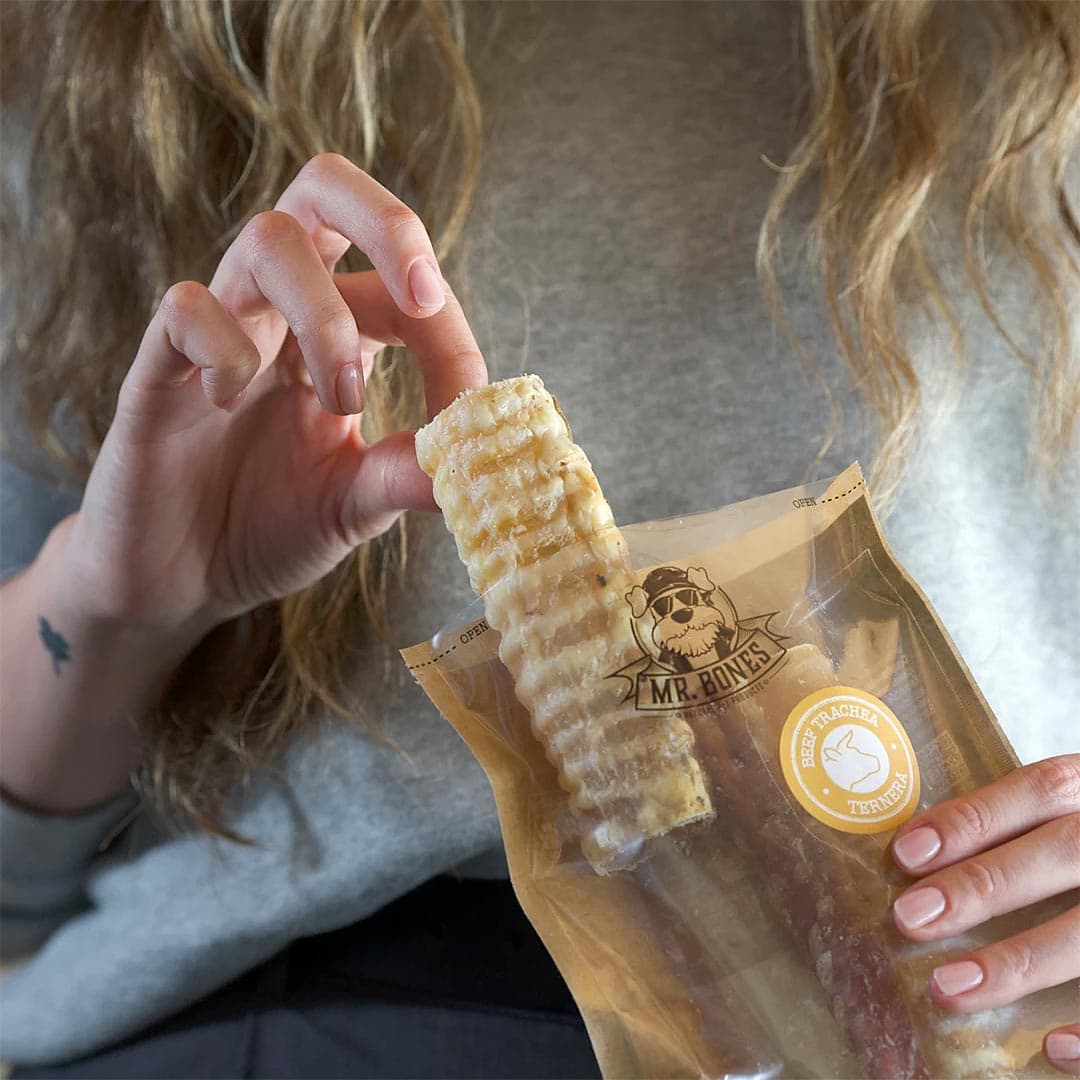 Mr. Bones Runderluchtpijp – holle runderluchtpijp met stevige, knapperige structuur, vastgehouden in de hand