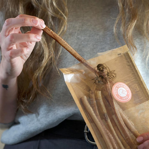 Mr. Bones Eendenluchtpijpen – close-up van 100% natuurlijke hondensnack van eend, rijk aan eiwitten, collageen en mineralen, licht verteerbare snack voor tanden en gewrichten
