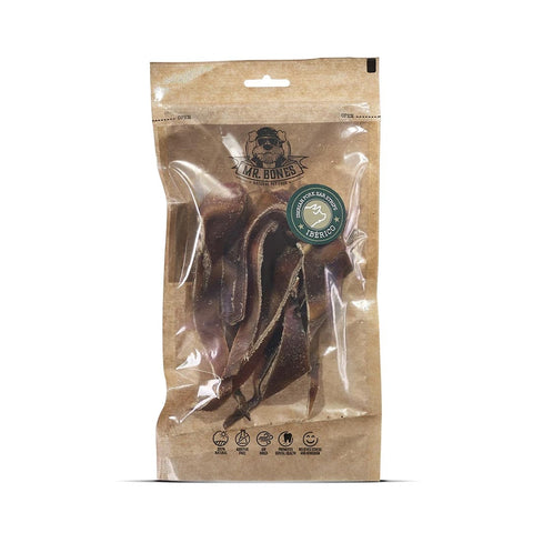 Mr. Bones Ibérico Varkensoorreepjes – 100% natuurlijke kauwsnack voor honden, met stevige structuur en rijke smaak van Ibérico varken