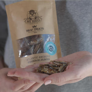 Mr. Bones Raw Treats Atlantische Ansjovis – close-up van kleine stukjes gedroogde ansjovis, eiwitrijk, licht verteerbaar en ideaal als beloning of trainingssnack