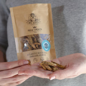 Mr. Bones Raw Treats Makreel – close-up van kleine krokante stukjes makreelfilet, licht verteerbaar, eiwitrijk en ideaal als trainingssnack of beloning