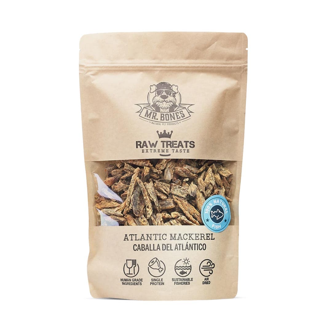 Mr. Bones Raw Treats Atlantische Makreel – 100% natuurlijke, eiwitrijke en omega-3 rijke vissnack voor honden, ideaal als beloning of trainingssnack voor gevoelige honden (400 gram) 