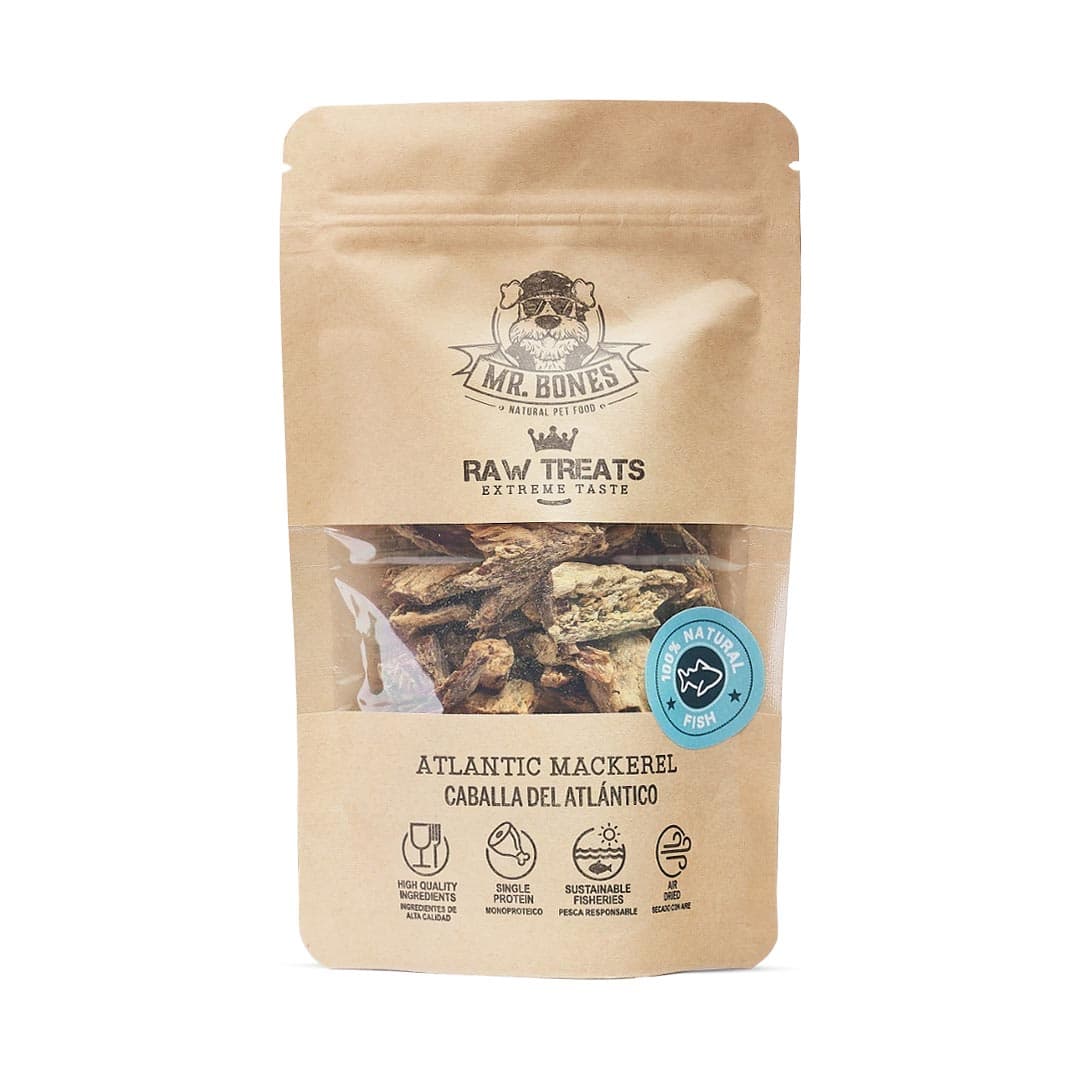 Mr. Bones Raw Treats Makreel – 100% natuurlijke hondensnack van Atlantische makreelfilets, langzaam gedroogd voor smaak en voedingsstoffen, rijk aan eiwitten en omega-3 (45 gram)