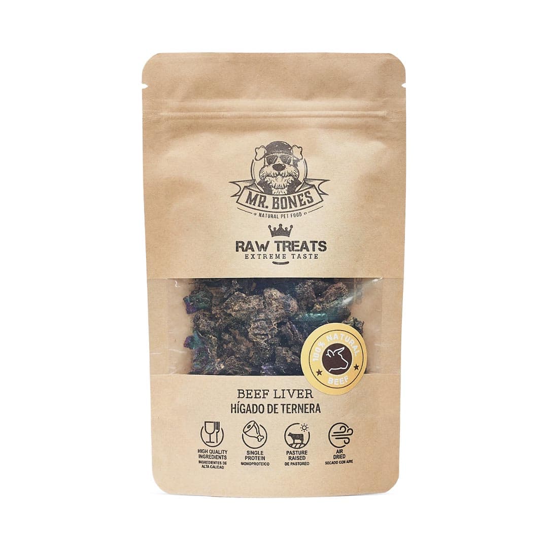 Mr. Bones Raw Treats Runderlever – 100% natuurlijke hondensnack van lever, langzaam gedroogd, rijk aan eiwitten en vitamines, ideaal als beloning,  trainingssnack of snuffelspelletje