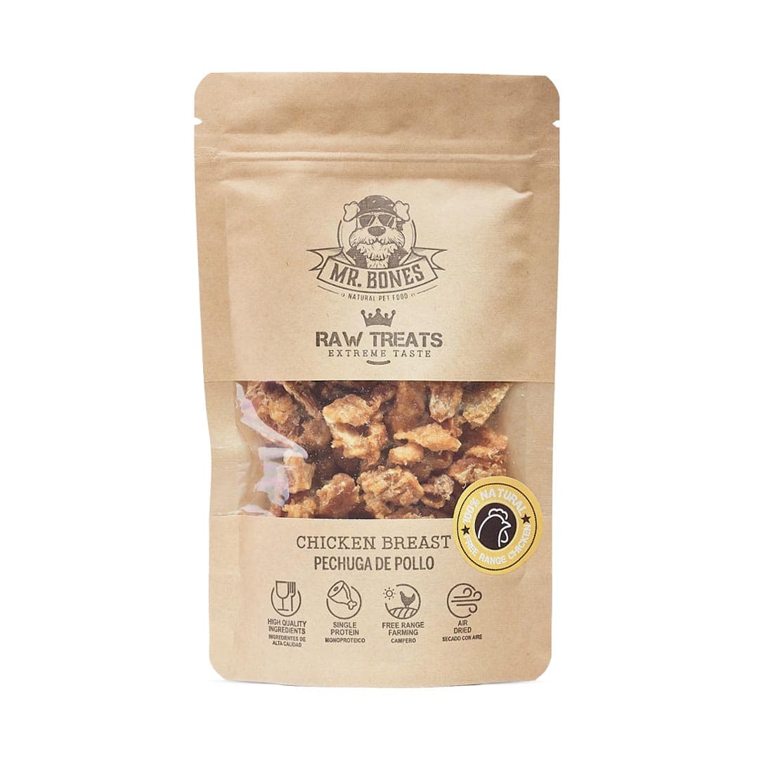 Mr. Bones Raw Treats Vrije-uitloopkipfilet – 100% natuurlijke hondensnack van kipfilet, langzaam gedroogd, ideaal als beloning, trainingssnack of snuffelspelletje (45 gram)