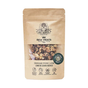 Mr. Bones Raw Treats Ibérico Varkenshaas – 100% natuurlijke hondensnack van puur Ibérico varkensvlees, langzaam gedroogd voor smaak en voedingsstoffen, ideaal als beloning, trainingssnack of snuffelspelletje