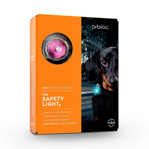Verpakking van de Orbiloc Dog Dual Roze – waterdicht LED hondenlampje voor zichtbaarheid in het donker, ideaal voor veilige avondwandelingen