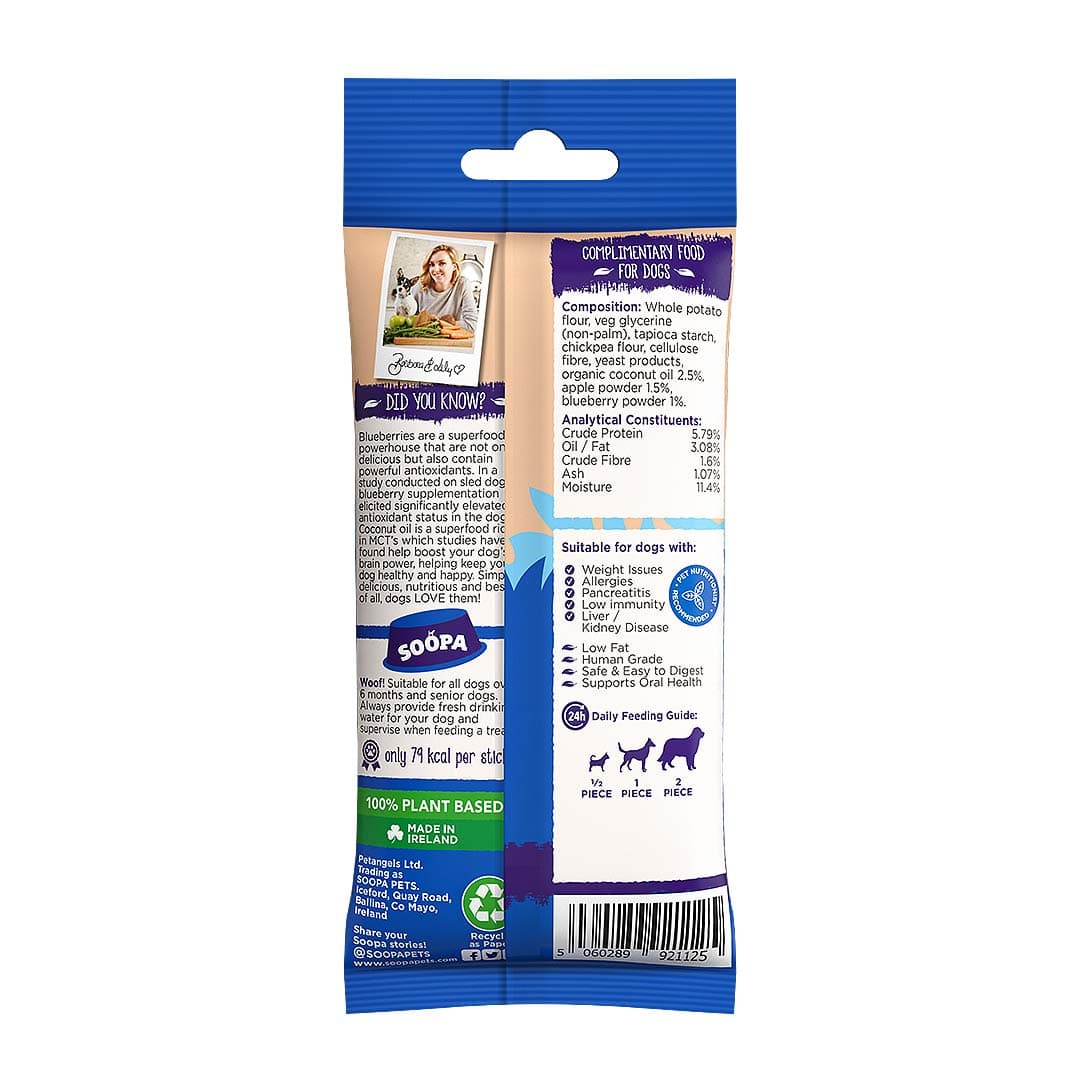 Soopa Dental Sticks Appel & Blauwe Bessen – achterzijde verpakking met ingrediënten en analyse – natuurlijke kauwsnack voor honden, graanvrije en hypoallergene gebitsverzorging