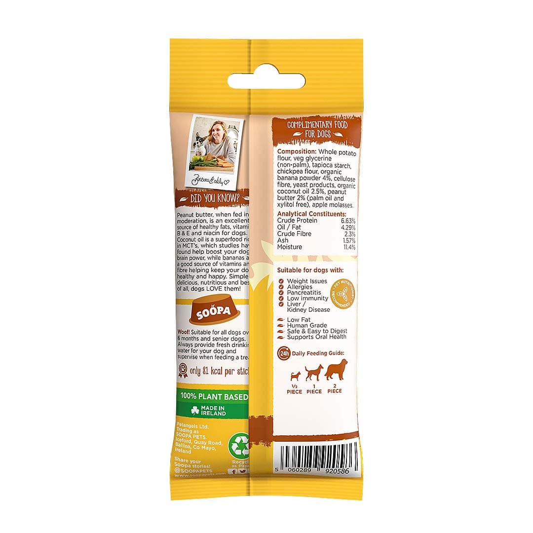 Soopa Dental Sticks Banaan & Pindakaas – achterzijde verpakking met ingrediënten en analyse – natuurlijke kauwsnack voor honden, graanvrije en hypoallergene gebitsverzorging