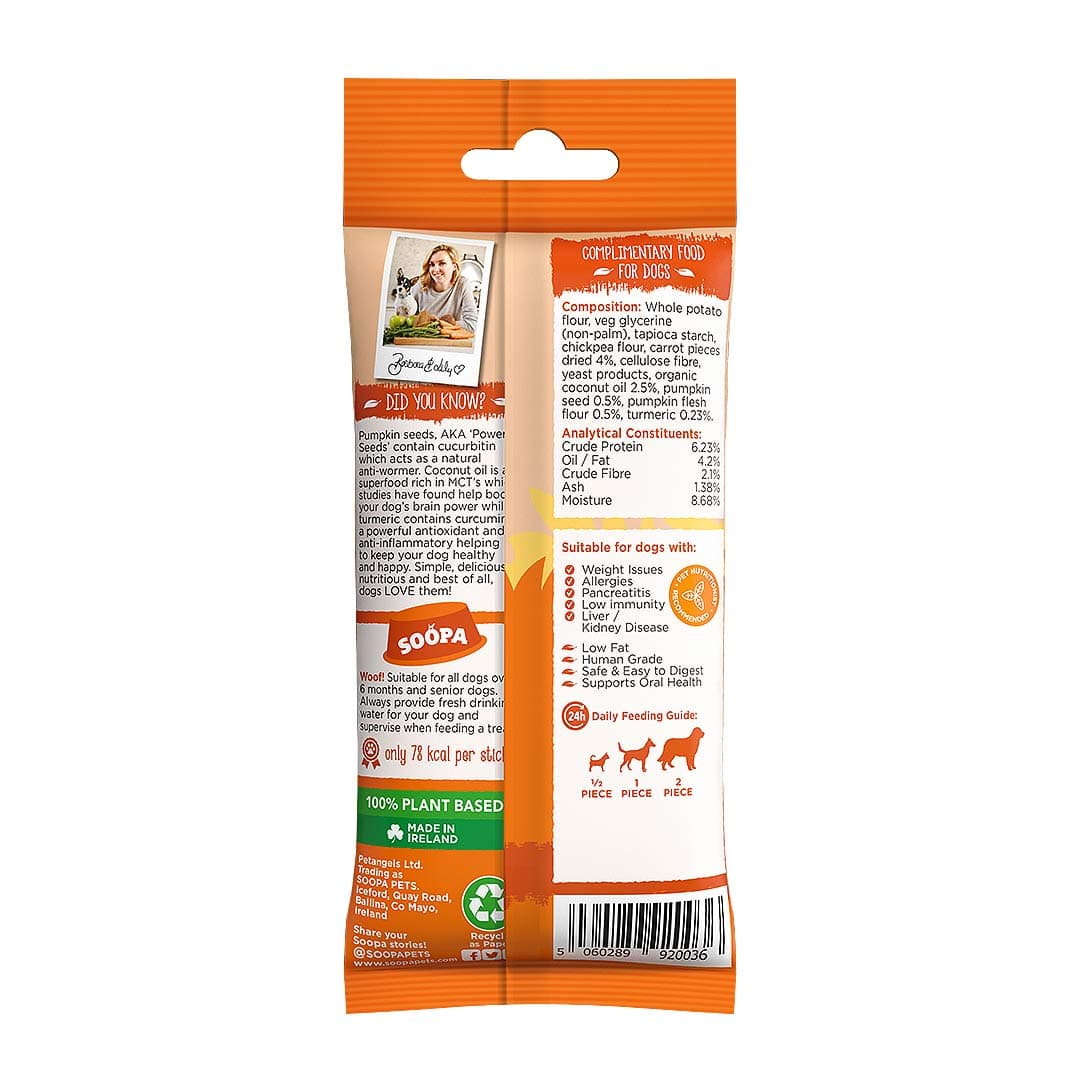 Soopa Dental Sticks Wortel & Pompoen – achterzijde verpakking met ingrediënten en analyse – natuurlijke kauwsnack voor honden, graanvrije en hypoallergene gebitsverzorging