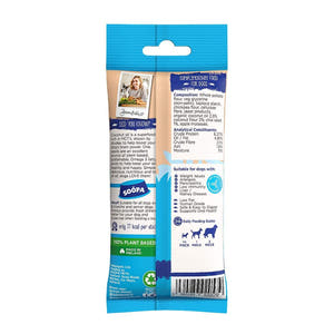 Soopa Dental Sticks Kokosnoot & Chiazaad – achterzijde verpakking met ingrediënten en analyse – natuurlijke kauwsnack voor honden, graanvrije en hypoallergene gebitsverzorging
