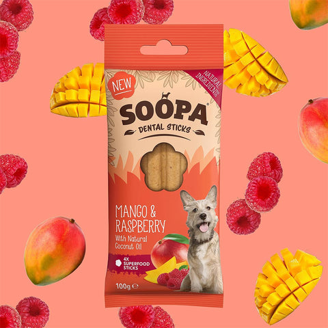 Soopa Dental Sticks Mango & Framboos – natuurlijke kauwsnack voor honden, graanvrije en hypoallergene gebitsverzorging