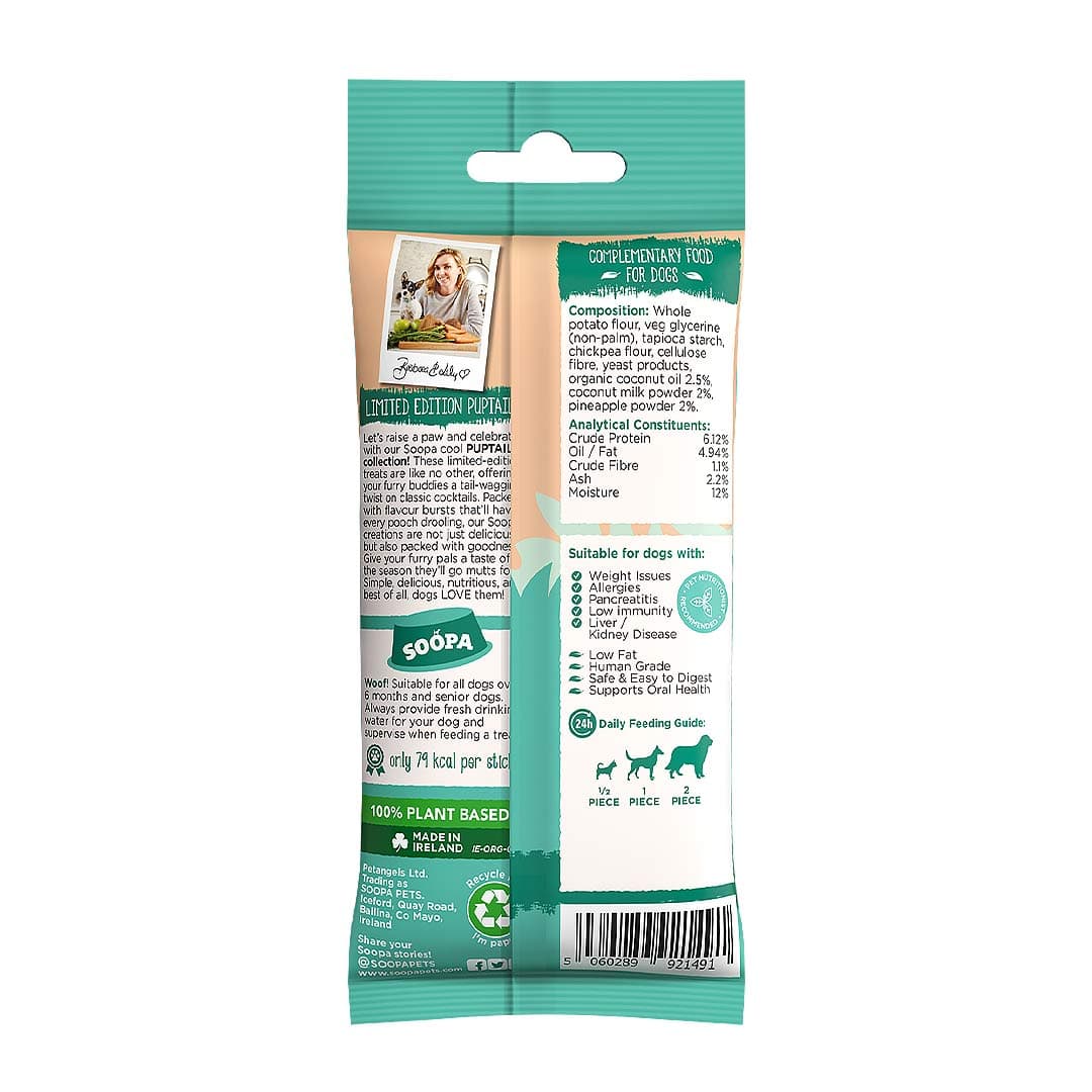 Soopa Dental Sticks Paw-Ña Colada – achterzijde verpakking met ingrediënten en analyse – natuurlijke kauwsnack voor honden, graanvrije en hypoallergene gebitsverzorging