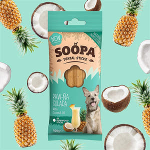 Soopa Dental Sticks Paw-Ña Colada – natuurlijke kauwsnack voor honden, graanvrije en hypoallergene gebitsverzorging
