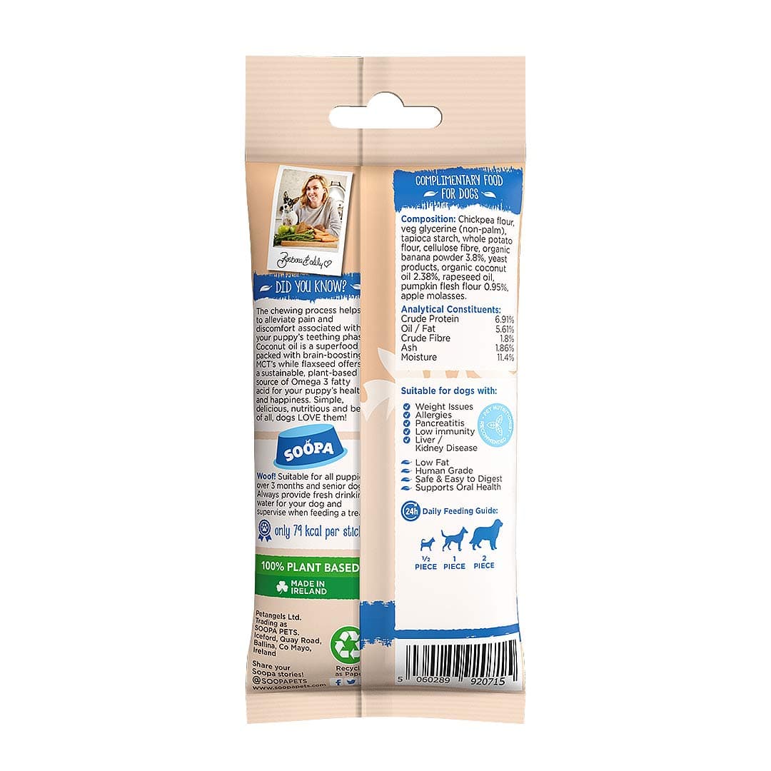 Soopa Puppy Dental Sticks Banaan & Pompoen – achterzijde verpakking met ingrediënten en analyse – natuurlijke kauwsnack voor puppy's, graanvrije en hypoallergene gebitsverzorging