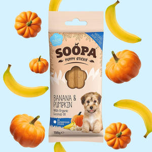 Soopa Puppy Dental Sticks Banaan & Pompoen – natuurlijke kauwsnack voor puppy's, graanvrije en hypoallergene gebitsverzorging