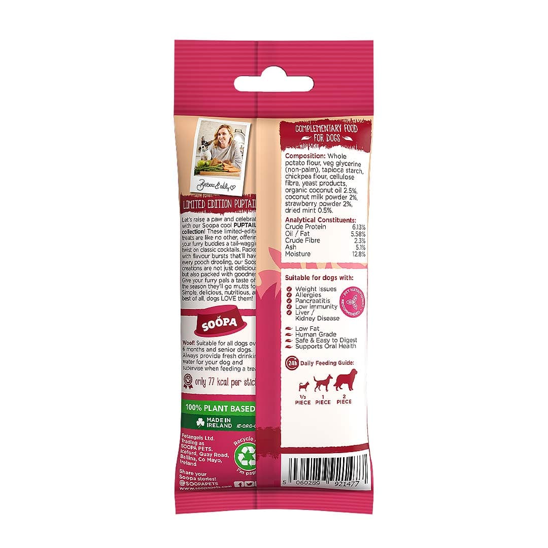 Soopa Dental Sticks Strawberry Dog-Quiri – achterzijde verpakking met ingrediënten en analyse – natuurlijke kauwsnack voor honden, graanvrije en hypoallergene gebitsverzorging
