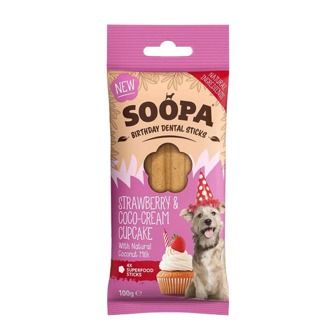 Soopa Dental Sticks Aardbei & Coco-Cream Cupcake – voorzijde verpakking – natuurlijke kauwsnack voor honden, graanvrije en hypoallergene gebitsverzorging