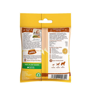 Soopa Healthy Bites Banaan & Pindakaas – achterkant verpakking met ingrediënten en analyse – natuurlijke, graanvrije en hypoallergene minibites, gezonde beloningssnoepjes voor honden