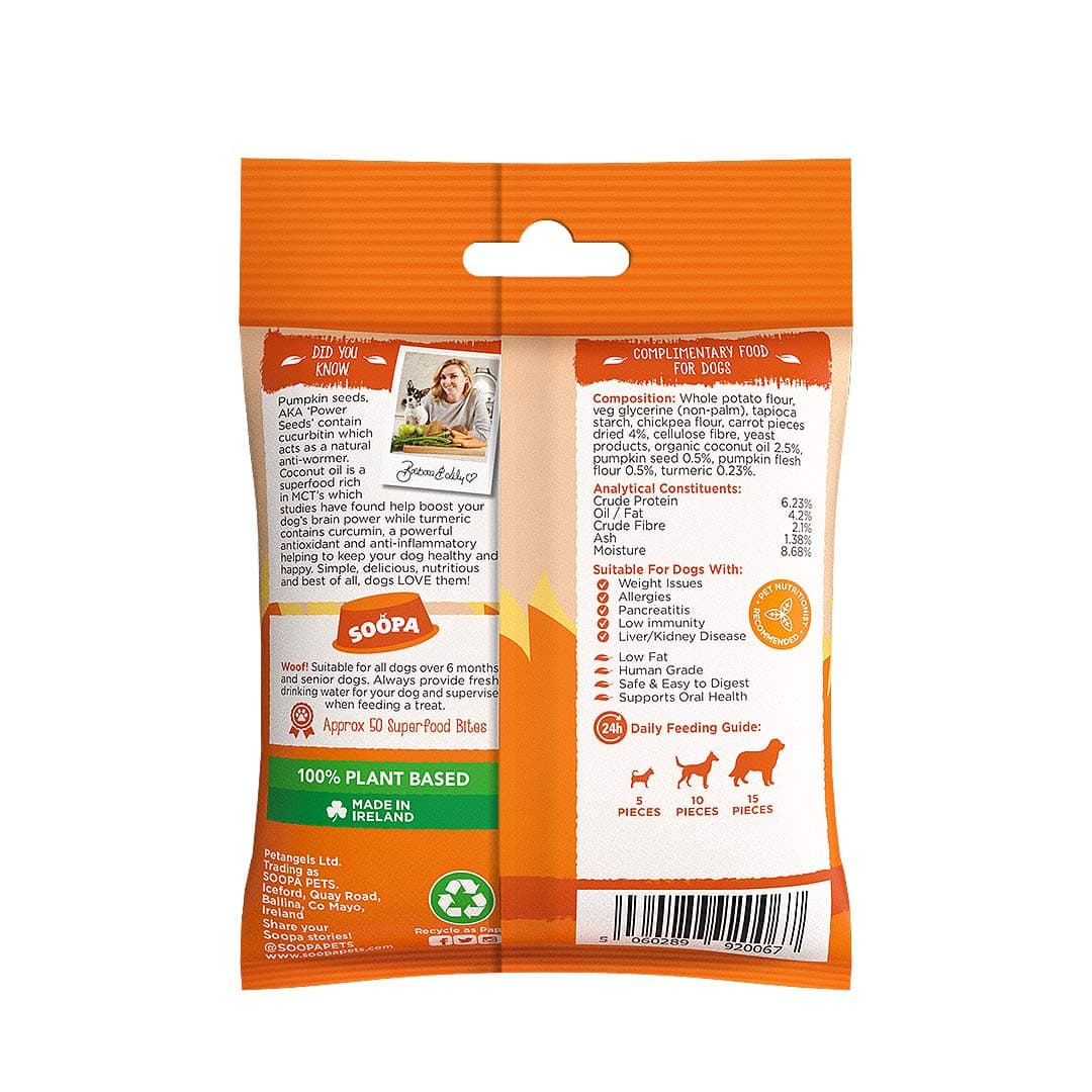 Soopa Healthy Bites Wortel & Pompoen – achterkant verpakking met ingrediënten en analyse – natuurlijke, graanvrije en hypoallergene minibites, gezonde beloningssnoepjes voor honden