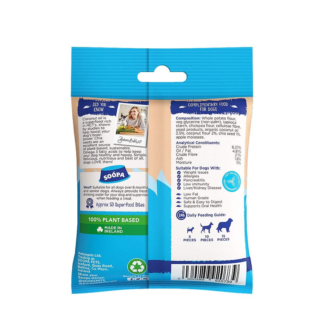 Soopa Healthy Bites Kokosnoot & Chiazaad – achterkant verpakking met ingrediënten en analyse – natuurlijke, graanvrije en hypoallergene minibites, gezonde beloningssnoepjes voor honden