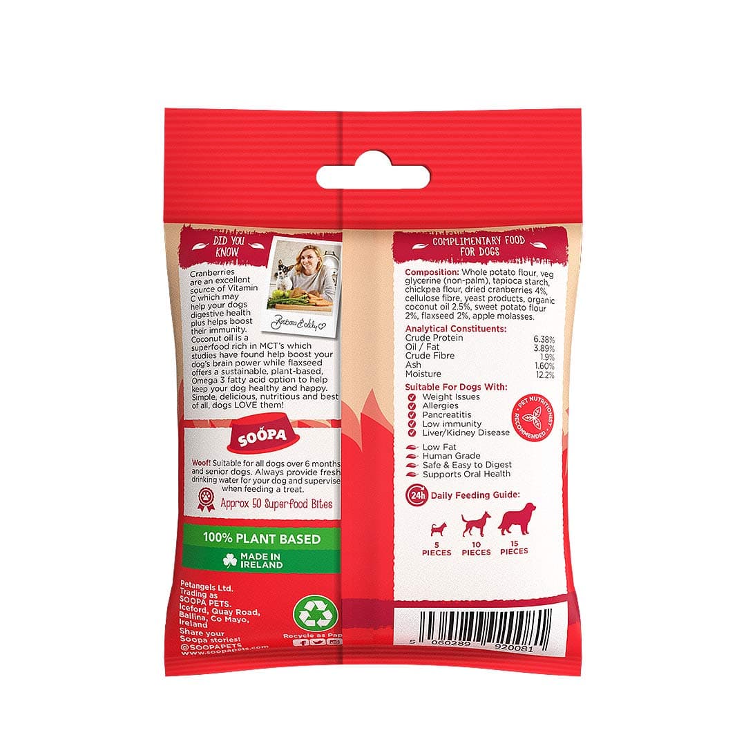 Soopa Healthy Bites Cranberry & Zoete Aardappel – achterkant verpakking met ingrediënten en analyse – natuurlijke, graanvrije en hypoallergene minibites, gezonde beloningssnoepjes voor honden