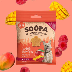 Soopa Healthy Bites Mango & Framboos –  natuurlijke, graanvrije en hypoallergene minibites, gezonde beloningssnoepjes voor honden