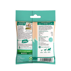 Soopa Healthy Bites Paw-Ña Colada – achterkant verpakking met ingrediënten en analyse – natuurlijke, graanvrije en hypoallergene minibites, gezonde beloningssnoepjes voor honden