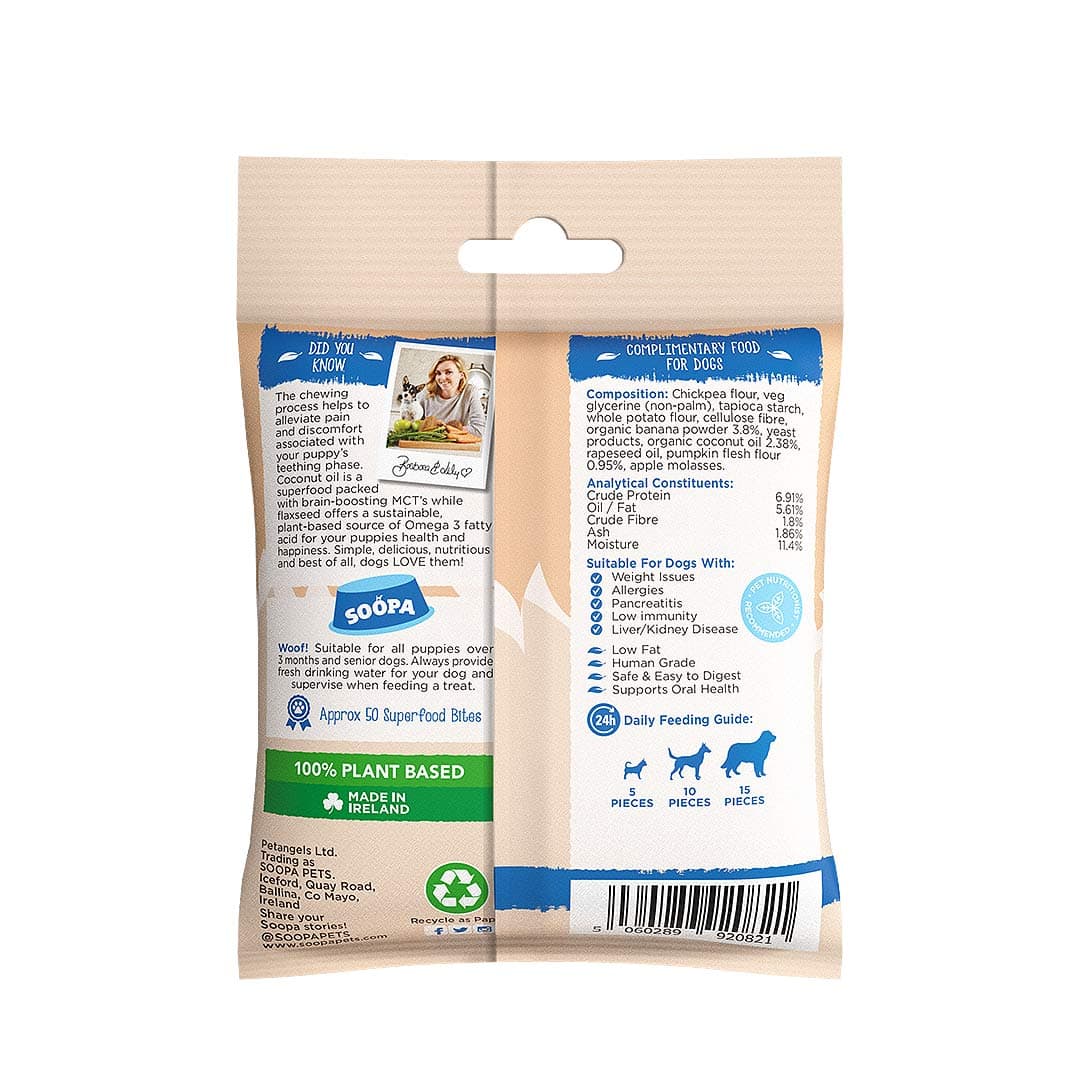 Soopa Healthy Puppy Bites Banaan & Pompoen – achterkant verpakking met ingrediënten en analyse – natuurlijke, graanvrije en hypoallergene minibites, gezonde beloningssnoepjes voor puppy's