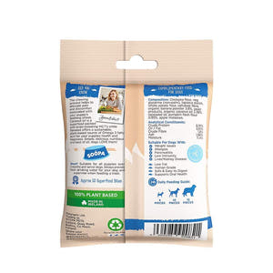 Soopa Healthy Puppy Bites Banaan & Pompoen – achterkant verpakking met ingrediënten en analyse – natuurlijke, graanvrije en hypoallergene minibites, gezonde beloningssnoepjes voor puppy's