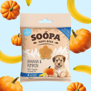Soopa Healthy Puppy Bites Banaan & Pompoen – natuurlijke, graanvrije en hypoallergene minibites, gezonde beloningssnoepjes voor puppy's