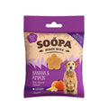 Soopa Healthy Senior Bites Banaan, Pompoen & Lijnzaad – voorkant verpakking – natuurlijke, graanvrije en hypoallergene minibites, gezonde beloningssnoepjes voor honden