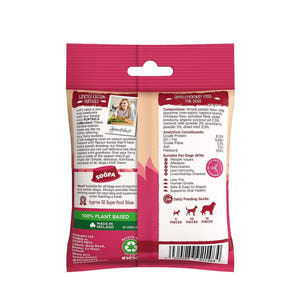 Soopa Healthy Bites Strawberry Dog-Quiri – achterkant verpakking met ingrediënten en analyse – natuurlijke, graanvrije en hypoallergene minibites, gezonde beloningssnoepjes voor honden