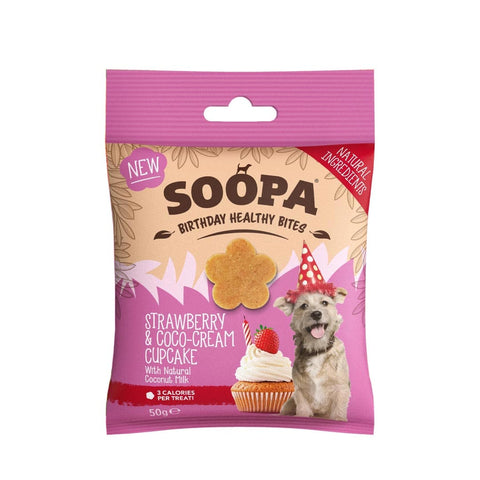 Soopa Healthy Bites Aardbei & Coco-Cream Cupcake – voorkant verpakking – natuurlijke, graanvrije en hypoallergene minibites, gezonde beloningssnoepjes voor honden