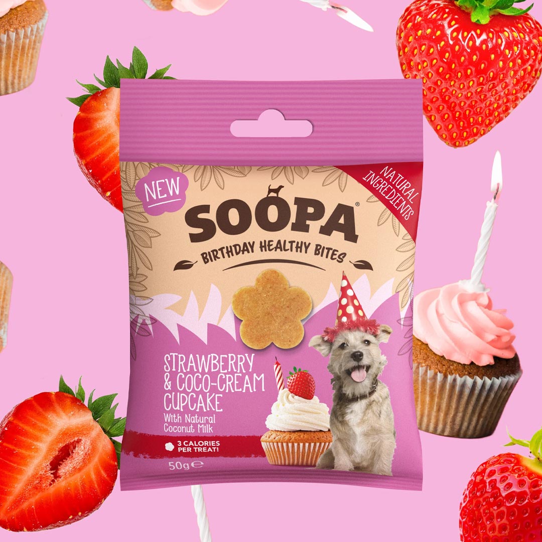Soopa Healthy Bites Aardbei & Coco-Cream Cupcake – natuurlijke, graanvrije en hypoallergene minibites, gezonde beloningssnoepjes voor honden