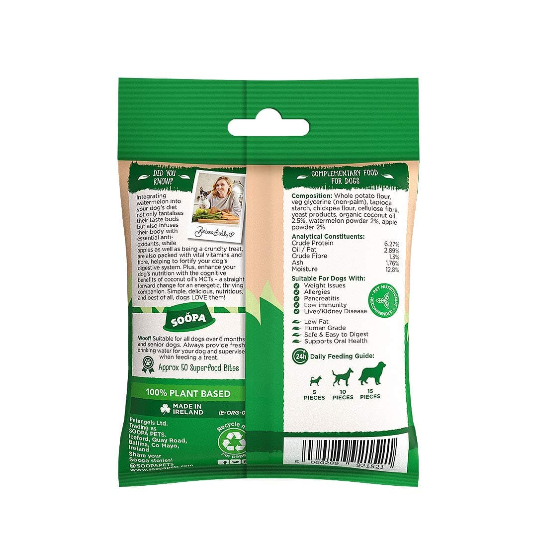 Soopa Healthy Bites Watermeloen & Appel – achterkant verpakking met ingrediënten en analyse – natuurlijke, graanvrije en hypoallergene minibites, gezonde beloningssnoepjes voor honden